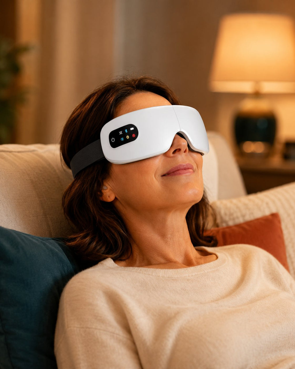 Femme détendue portant le masque Reposa le soir sur un canapé