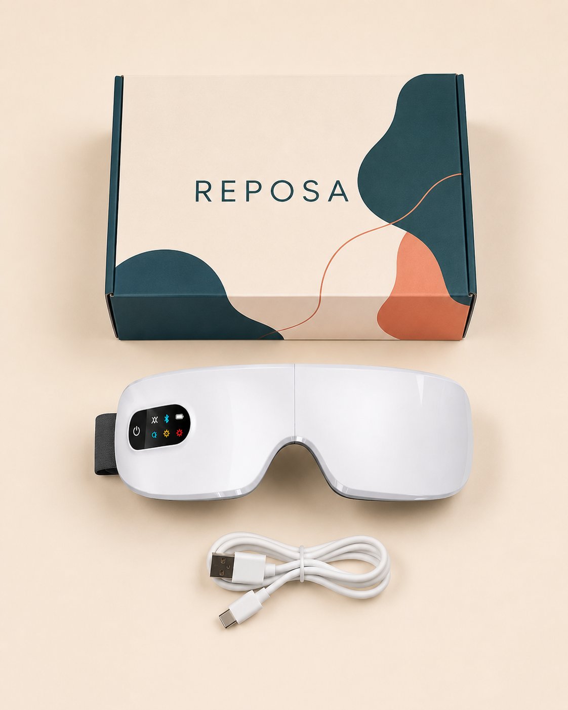 Masque oculaire Reposa avec sa boîte et son câble USB